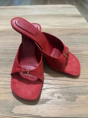 SIMKHAI Red Suede Leather Kitten Heel Mules Size 38 Slip On Sandals
